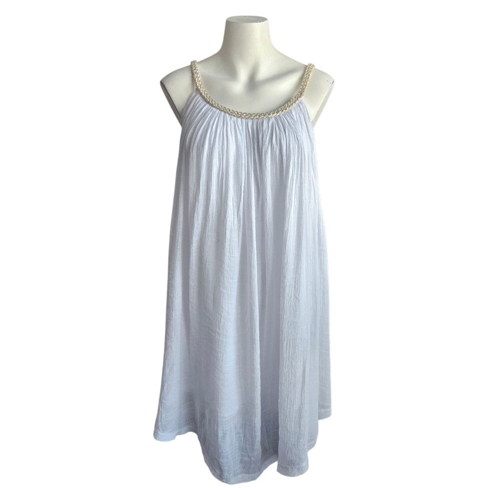 Nouveau Monde White Flowy Tunic Greek Goddess Dress Gold Metallic‎ Braid Trim LG